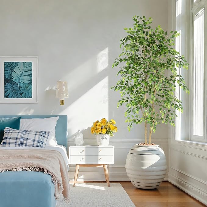 Tall UV Resistant Ficus Tree Artificial，6ft(72in) Faux Ficus Tree with Realistic Smooth and Shiny Leaves， Fake Trees Indoor Outdoor for Home Office Living Room Bedroom Foyer Porch Decor.