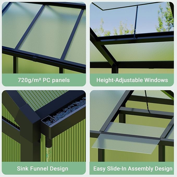 6X10FT Outdoor Greenhouse, Aluminum Polycarbonate Green House, Green Houses for Outside with Sliding Doors, Ajustable Roof Vent, Withstands Bad Weather for Garden, or Backyard, Black