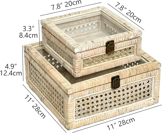 Rattan and Cane Square Stacking Boxes with Glass Top Lid - Set of 2 for Boho, and Rustic Farmhouse Décor, White Wash