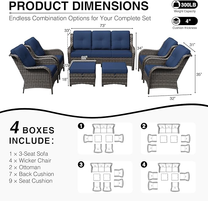 Joyside 7 Piece Wicker Patio Furniture Set, Rattan Patio Chairs with High Back, Deep Seating, Wide Armrest, Thickened Cushions, Outdoor Furniture for Deck, Porch Use