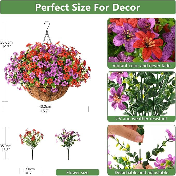 INQCMY Artificial Flowers Hanging Baskets for Outdoors Spring Decor, 12 Bundles Fake Plants Faux Silk Daisy with Eucalyptus Stem UV Resistant for Outside Patio Balcony Garden(Red Purple)