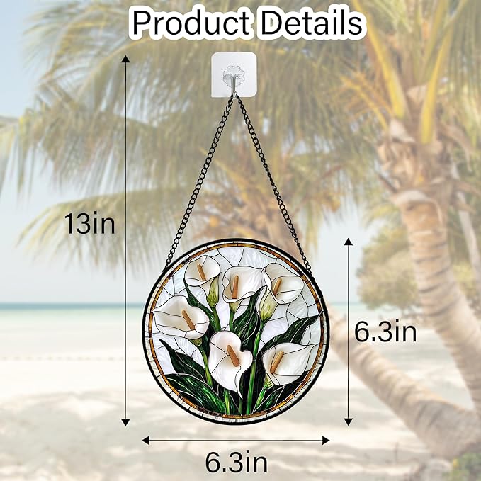 DASTOLL Stained Glass Window Hanging, White Calla Lily Flowers Sun Catchers Glass Panel Plant Suncatcher Decor for Birthday for Women, Men, Wife, Aunt, and Mom 6.3 in