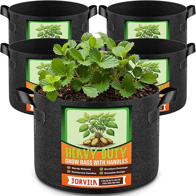 Jorvila 5 Pack 30 Gallon Grow Bags, Thickened Nonwoven Fabric Planter Pots with Handles, Heavy Duty 300G Garden Pots for Tomato, Potato and Vegetable