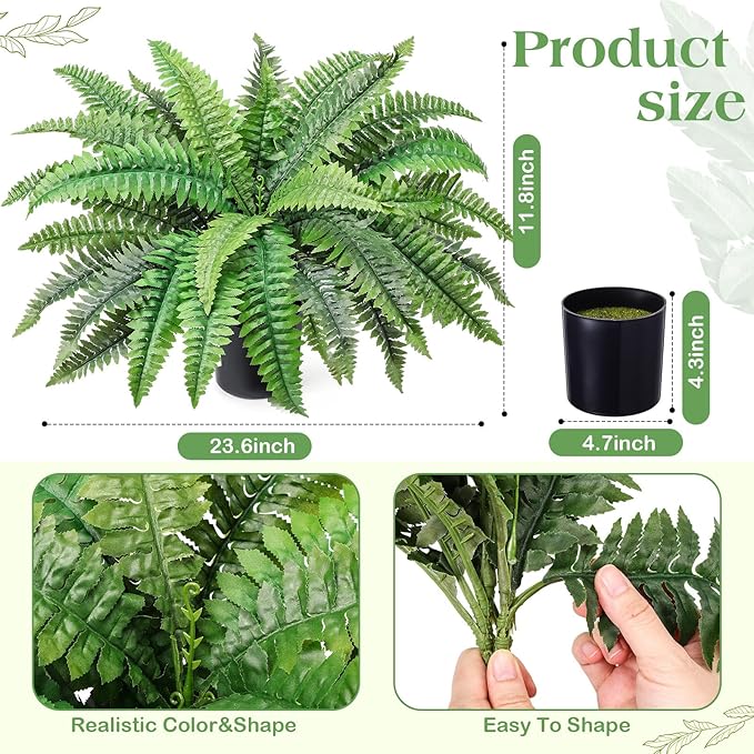 FineCheer Fake Ferns Potted Plant Faux Boston Bush in Pot Artificial Greenery Fern Plant for Spring Summer Patio Garden Farmhouse Windowsill Entrance Porch Office Living Room Decor(34 Leaves)