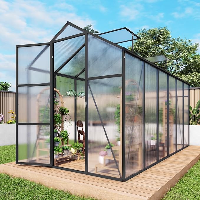 6x12x7 FT Greenhouse, Polycarbonate Greenhouse for Outdoors with Stronger Wind Protection and Roof Vent, Walk-in Large Aluminum Sunroom Winter Proof, Black