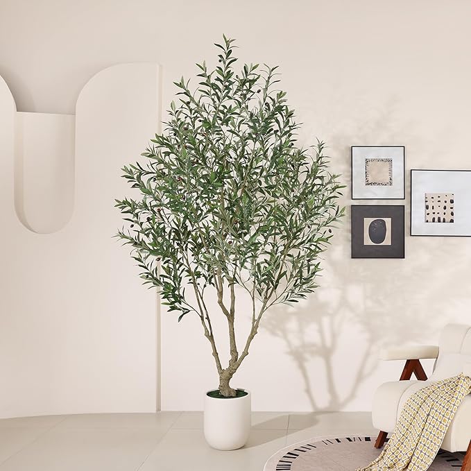 SOGUYI Olive Tree Artificial Indoor, 8FT Tall Faux Olive Tree with 11.5in White Cylinder Round Planter, Artificial Plants with Natural Wood Trunk and Lifelike Leaves for Home Office Decor