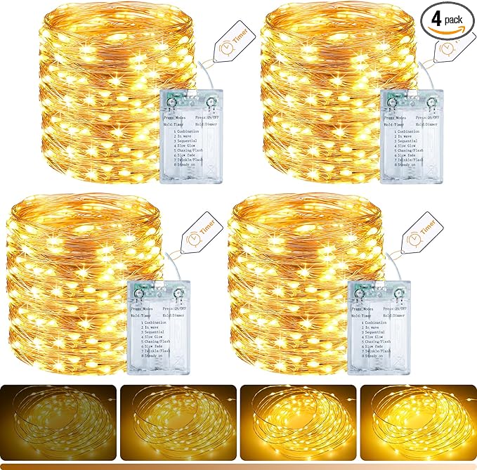 litogo 4 Pack Fairy Lights Battery Operated with Timer, 33FT 100LED Twinkle String Lights USB-C Powered 8 Modes Dimmable for Indoor Bedroom Centerpiece Wedding Classroom Dorm Christmas Decorations