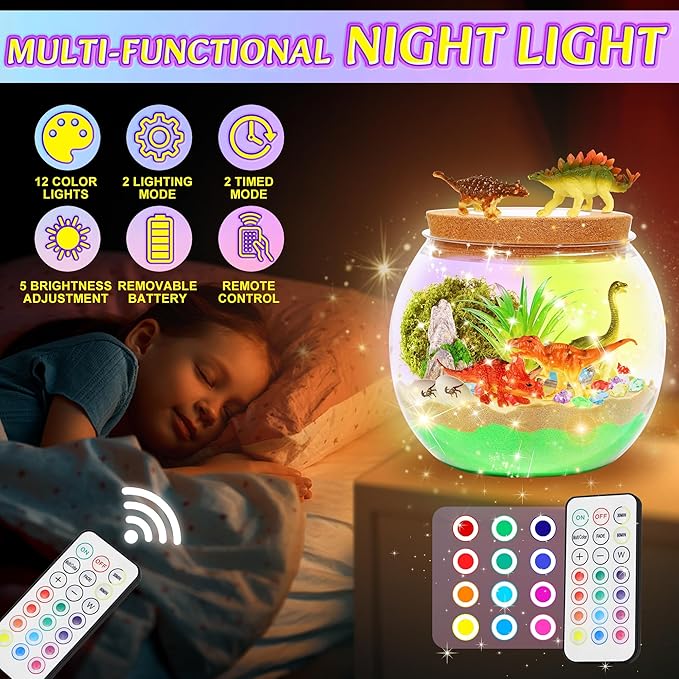 Dinosaur Activities Toys-Light Up Terrarium Kit for Kids, DIY Dinosaur Toys for 3 4 5 6 7 8 9 10 11 12 Year Old Boys, Night Light Dinosaur Arts and Crafts for Boys, Kids Christmas Birthday Gifts