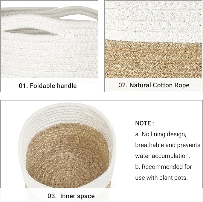 Dahey Jute Spliced Cotton Rope Plant Basket Modern Woven Storage Basket for 10.5" Floor Indoor Planter, Decorative Flower Pots Cover Laundry Bin with Handle Rustic Home Decor, White and Beige