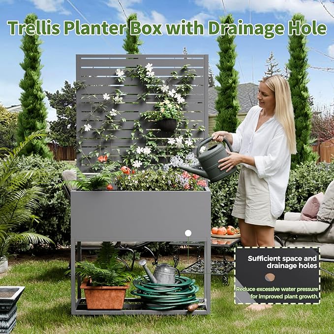 Metal Planter Box with Trellis,67" H x35 W Raised Garden Beds with Privacy Screen for Climbing Plants Flower, Elevated Standing Planter Garden Bed with Drainage Holes for Outdoor Patio,Grey