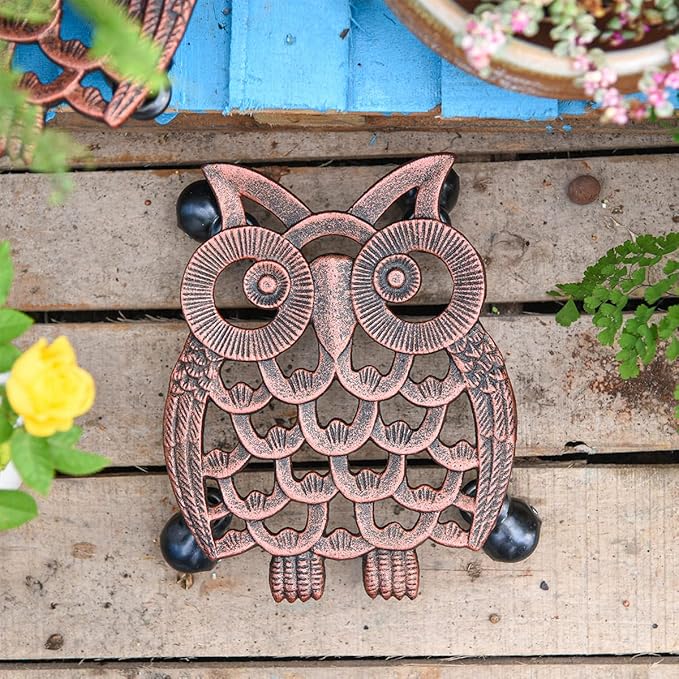Sungmor Heavy Duty Cast Iron Plant Caddy with Wheels - 2 Pack Vintage Owl Design Plant Stand, Metal Rolling Plant Tray for Indoor & Outdoor Use - 11 Inch, Antique Bronze