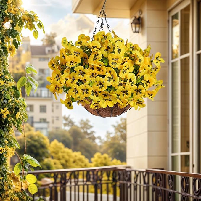 SupBri 12 Bundles Artificial Flowers for Outdoor, UV Resistant Fake Pansy Flowers, Silk Faux Fowers for Outdoor Planters Home Garden Office Patio Front (12,Yellow)
