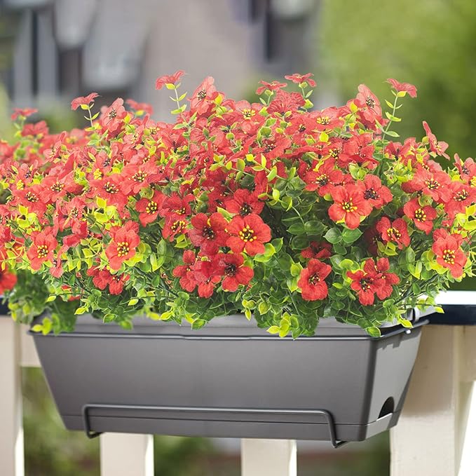 Grunyia 10 Bundles Artificial Flowers Outdoor UV Resistant Fake Flowers No Fade Faux Plants Garden Porch Window Box Decorating (Red)