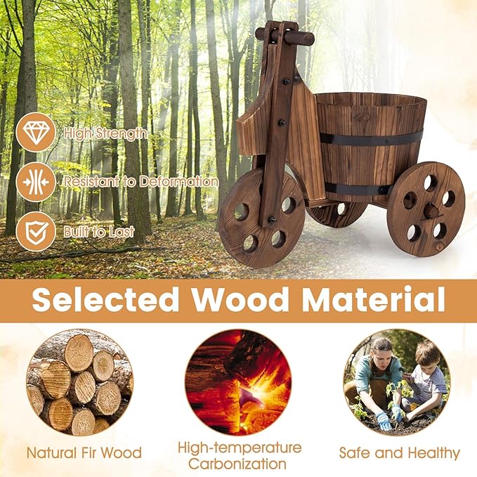 Giantex Wooden Wagon Planter with Wheels, Rustic Wood Plant Stand with 3 Wheels & Drainage Hole for Flowers Herbs Vegetables, Indoor Outdoor Decorative Garden Flower Cart for Patio Backyard (2)