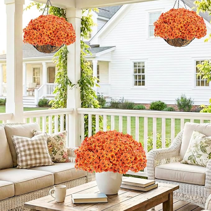 22 Bunch Outdoor Artificial Flowers with Plastic Plants Violets Faux Flowers,Outdoor Front Porch Hanging Planter Window Frame Garden Decor (Orange)
