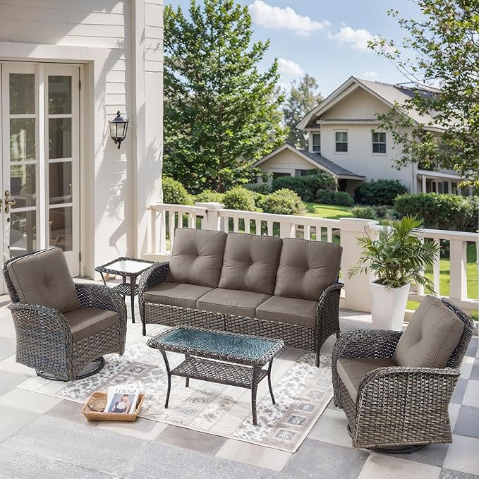 5 Pieces Wicker Patio Furniture Set-Outdoor Swivel Rocker Patio Chairs Patio Sofa Set with Tempered Glass Top Outdoor Coffee Table for Deck Lawn Porch Balcony Poolside-Brown/Grey