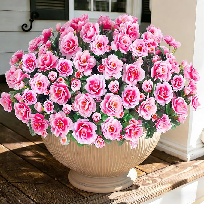 Artificial Fake Outdoor Outside Flowers Plants For Fall Decor, Faux Silk Pink Camellia UV Resistant Realistic for Front Door Porch Patio Planter Balcony Garden Yard Home Decor, 3 Large Bundles