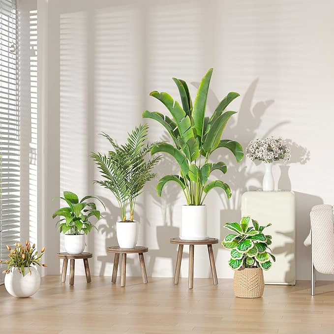 Vecxoty 3-Pack Wood Plant Stands Indoor, Single Plant Stand for 6-12 Inch Pots, Mid-Century Modern Plant Stool, Tall Plant Stand for Large Plants Perfect Fit for Living Room, Balcony, Office