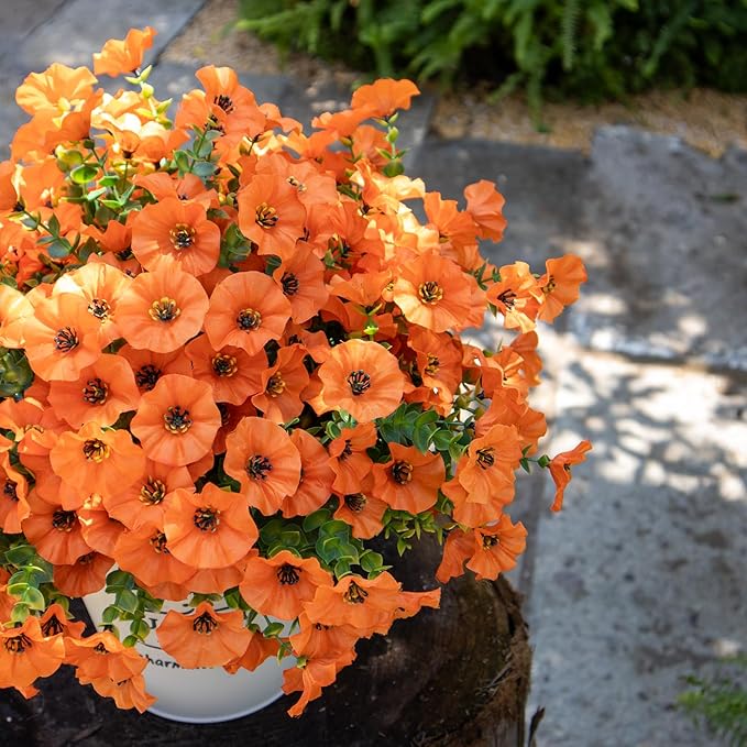 VDVST Fall Artificial Flowers for Outdoors,UV Resistant Fall Flowers Outdoor,Not-Fading Faux Fall Flowers for Outdoor Planters Front Door Porch Yard Patio Garden Home Decor,12 Bundles (Orange)