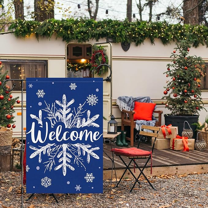 Heyfibro Welcome Christmas Winter Garden Flag 12x18 Inch Double Sided Burlap, Snowflake Yard Banner for Seasonal Holiday Xmas Outdoor Decoration(ONLY FLAG)