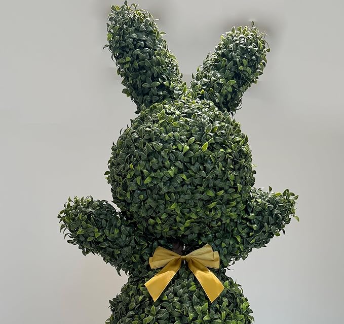 BLONYUVC 36'' Artificial Bunny-Shaped Topiary Double Ball Tree Pot UV-Resistant Bowknot Faux Boxwood Topiaries Plant for Porch Decor Outdoor/Indoor 2 Pack