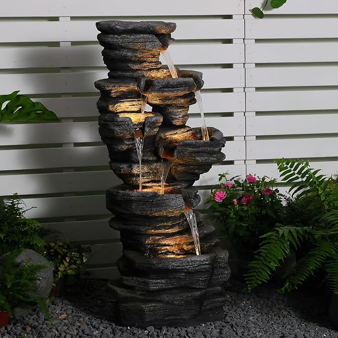 42.5" H Garden Outdoor Water Fountain with LED Lights & Pump, Mutiply-Tier Cascading Outdoor Fountain Suitable for Garden/Patio/Yard/Deck/Balcony and Home Art Decor（Resin）