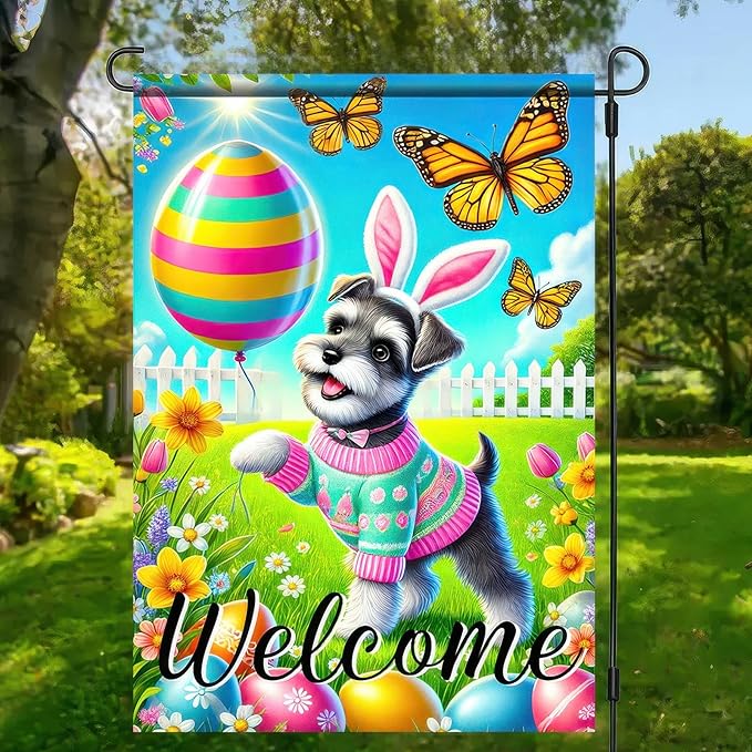 Spring Summer Garden Flag Flower Dog Garden Flags For Outside Welcome Flags 12x18 Double Sided Yard Outdoor Decorative Egg Butterfly Garden Flag