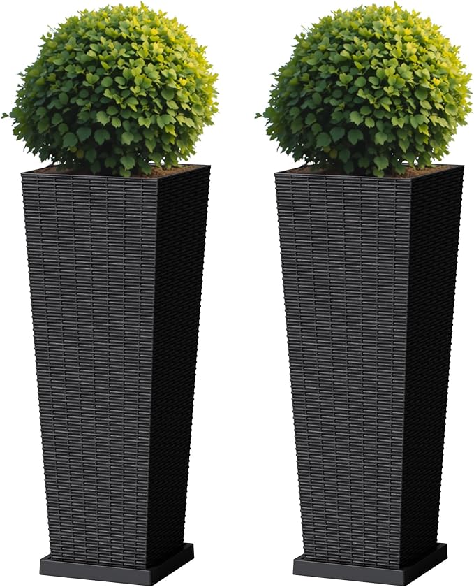 Flamaker Set of 2 Resin Rattan Planters with Tray for Indoor Outdoor, 32'' Tall Flower Pots with Drainage Holes&Inner Pot, Tapered Planters for Garden, Patio, Porch (Black, Large)