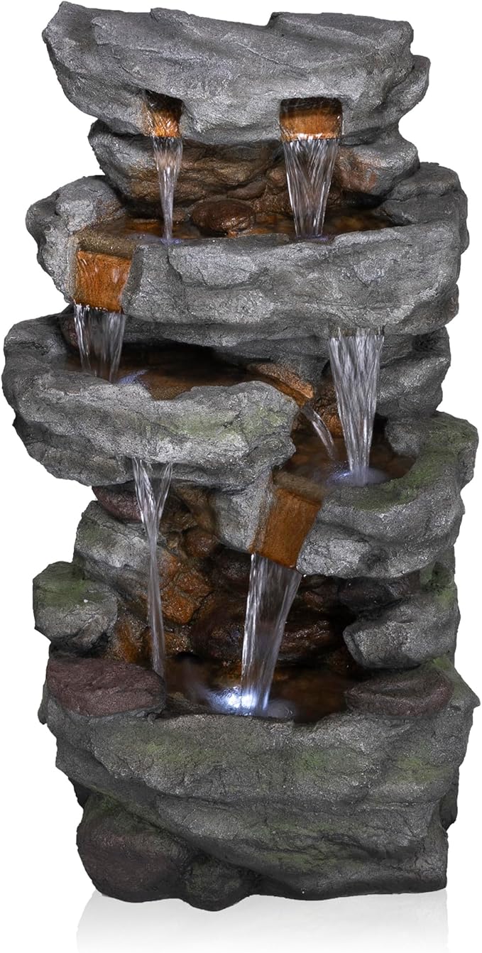 Alpine Corporation TZL284 39" Outdoor 4-Tier Cascading Stone Water Fountain with LED Lights – Natural Stone Look Water Feature for Patio, Garden, and Backyard Décor, Gray