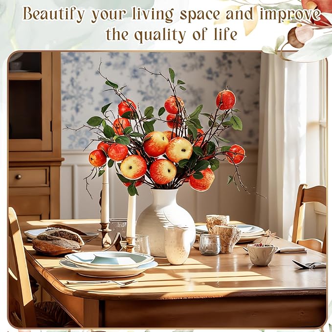 10 Pcs 17.72 Inches Artificial Fake Apple Branches Realistic Tall Apple Bouquets Tree Branch with Long Stem and Green Leaves Fruit Plant for Home Office Vase Filler Shop Decoration