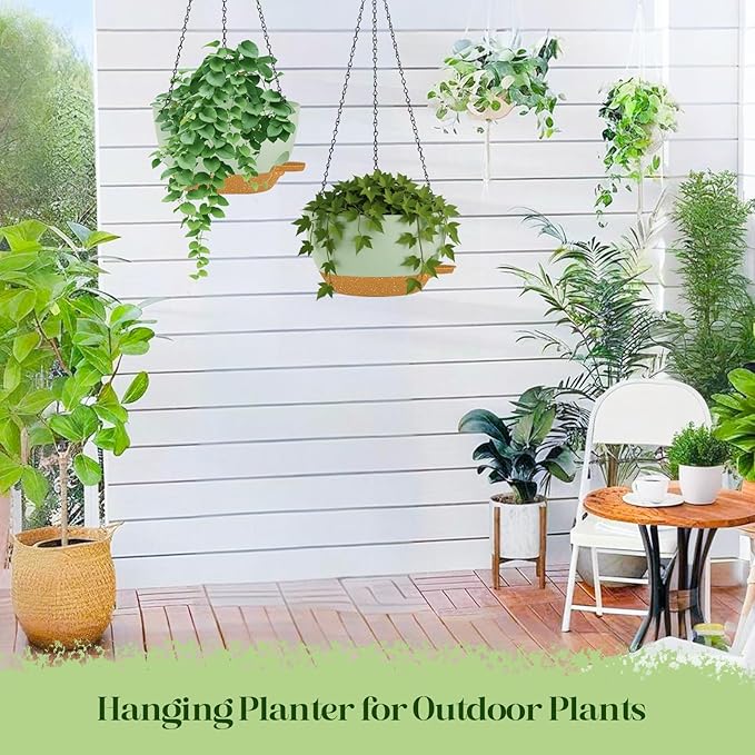 zople 10 Inch Hanging Planters with Chains 2 Pack Self Watering Green Brown Plastic Hanging Pots for Indoor Outdoor Plants, Garden Porch Home Decor (Green Brown)