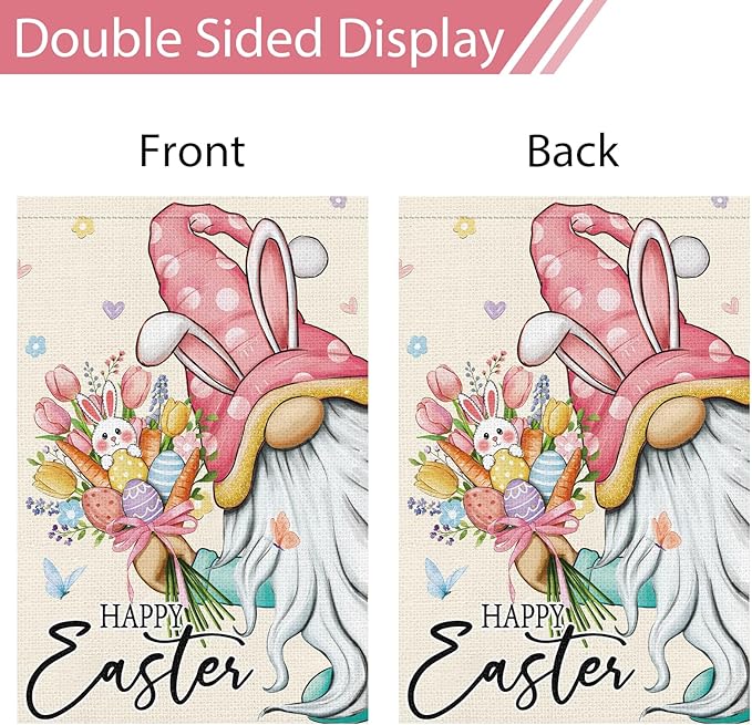 Heyfibro Happy Easter Bunny Gnome Garden Flag 12x18 Double Sided Burlap, Cute Rabbit & Egg Floral Outdoor Yard Banner for Spring Holiday Farmhouse Yard Outdoor Decor(ONLY FLAG)