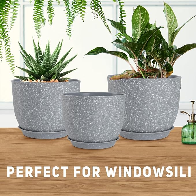 YNNICO Plant Pots 10/9/8/7.5/7 inch Flower Pots with Multi Mesh Drainage Holes, Planters for Indoor Outdoor Garden Plants and Flowers. (Gray)