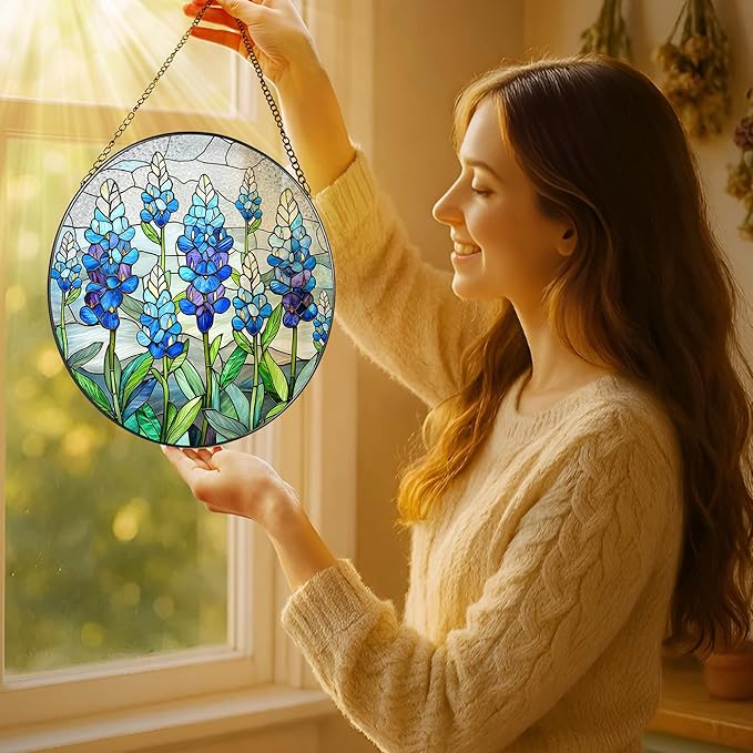 LAOWEIKI 8'' Texas Bluebonnet Sun Catcher Ornament, Stained Glass Window Hanging, Suncatchers for Windows Hanging Ornaments, Window Decor | Flower Lover Gift, Gifts for Mom Grandma