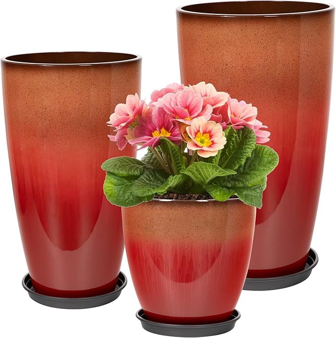 Neoaider 24/21/12 Inch Large Plastic Planter, Lightweight Ceramic-Look Tall Planters with Drain Hole & Saucers, Tall Plastic Planters for Porch, Garden, Patio, Balcony(Fiery Red)