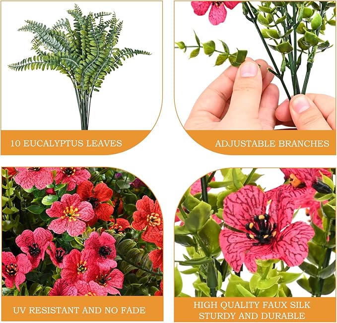 Pinenoya Artificial Faux Plants Flowers Outdoor Decoration,16 Bundles Fake Silk Colorful Daisy Eucalyptus Realistic UV Resistant for Outside Home Planter Porch Patio Yard Decor (Purple Red)