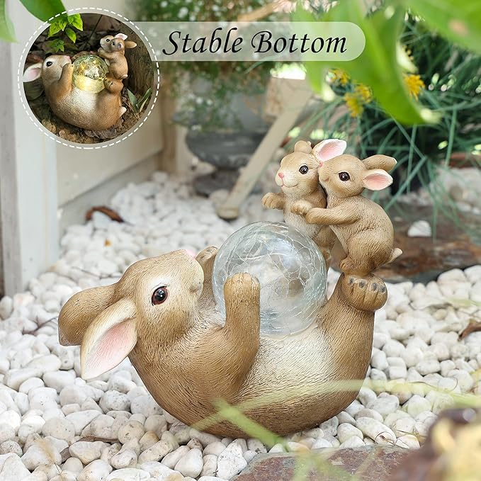 SOFFEE GARDEN Solar Bunny Lamp Playing with Ball, 10x5x9 Inch Outdoor Rabbit Decor, Whimsical Garden Statue for Lawn, Backyard & Night Landscape