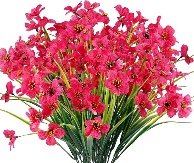 JEMONG 12 Bundles Artificial Flowers Outdoor UV Resistant Fake Flowers No Fade Faux Plastic Plants Garden Porch Window Box Decorating(Rose red)