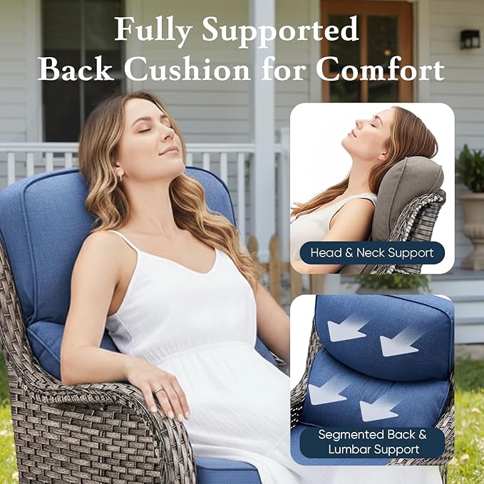 Belord Luxury 6" Thick Cushioned 5 Pieces Patio Furniture Set with 2 Ottomans, Wicker Outdoor Conversation Set with High Back Swivel Rocker Patio Chairs for Deck Porch Yard and Poolside - Grey+Blue