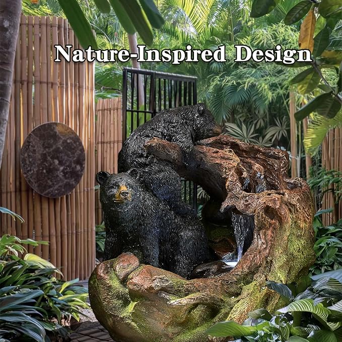 22'' Outdoor Bear Fountain with LED Lights – Wildlife Water Feature for Garden, Patio, Yard, or Porch – Durable Polyresin Animal Waterfall Decor – Rustic Brown & Black Finish