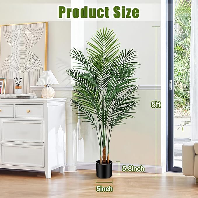 Artificial Palm Tree Outdorr 5ft, Large Fake Tropical Areca Palm Tree with 13 Trunks, Tall Faux Floor Plants for Indoor-Living Rooms, Offices, Bedroom Home Decor