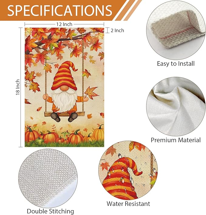 Heyfibro Fall Gnome Welcome Garden Flag 12x18 Double Sided Burlap, Autumn Pumpkin Maple Leave Yard Flags for Thanksgiving Rustic Farmhouse Seasonal Outside Outdoor Decoration (ONLY FLAG)