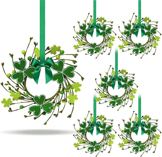 6 PCS Mini St. Patrick's Day Felt Shamrocks Wreath for Front Door St. Patrick's Day Kitchen Cabinet Wreaths Decorations with Ribbon Small Spring Green Irish Clover Berry Wreath for Porch Wall Window