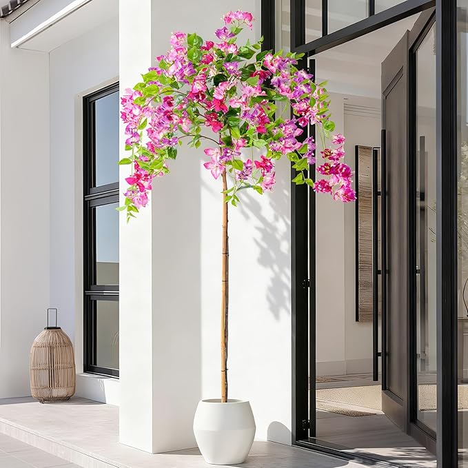 6FT Artificial Bougainvillea Tree Artificial Tree Tall Potted Fake Bougainvillea Trees for Outdoor Indoor Lifelike Potted Faux Plants with Wood Trunk and Flowers Office Wedding Home Decor