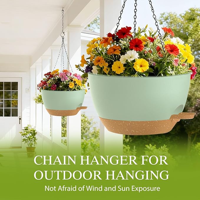 SQKH 10 Inch Hanging Baskets 2 PC with Chains, Self-Watering Hanging Planters for Indoor Outdoor Plants, Plastic Hanging Flower Pots,Green Brown