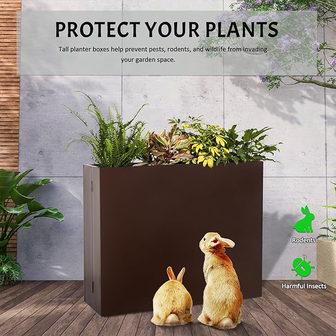 TISUWING Metal Planter Box, No Installation Galvanized Steel Folding Rectangular Planter with Drainage Holes, 35.5"x 10"x 28" Brown Outdoor Planter for Porch/Patio/Garden