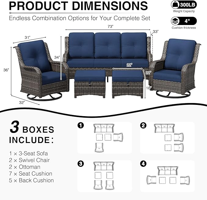 Joyside 5 Piece Wicker Patio Furniture Set, Outdoor Swivel Rocker Patio Chairs with High Back, Deep Seating, Wide Armrest, Thickened Cushions, Outdoor Furniture for Deck, Porch Use