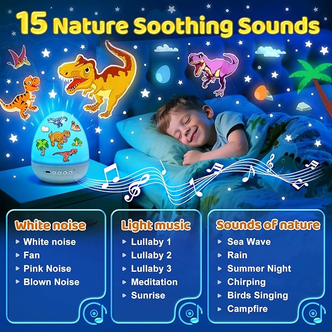 Dinosaur Toys for Kids 3-5 | 15 Sleeping Sounds+12HD Films+7 Colors+360°Rotating | Easter Dinosaur Egg Light Dinosaurs Primal Hatch Boy Toys for Boys Star Projector Sound Machine Egg Light for Nursery