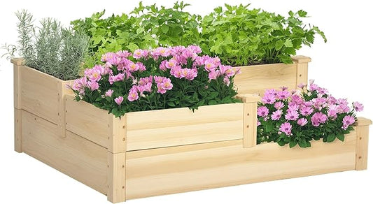 Outsunny 3 Tier Raised Garden Bed, Outdoor Planter Box, Wooden Garden Box with Open Bottom for Growing Vegetables, Herbs, Flowers, 42.5" x 34.75" x 14.25", Natural