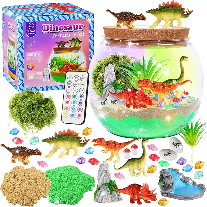 Dinosaur Activities Toys-Light Up Terrarium Kit for Kids, DIY Dinosaur Toys for 3 4 5 6 7 8 9 10 11 12 Year Old Boys, Night Light Dinosaur Arts and Crafts for Boys, Kids Christmas Birthday Gifts